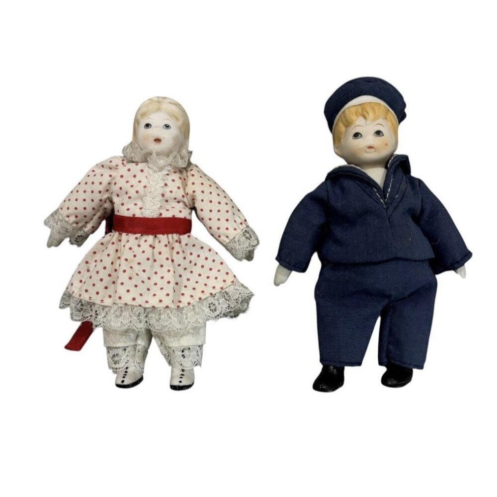 Vintage Russ Berrie Mini 5" Boy & Girl Dolls Porcelain Head/Hands/Feet Old Time